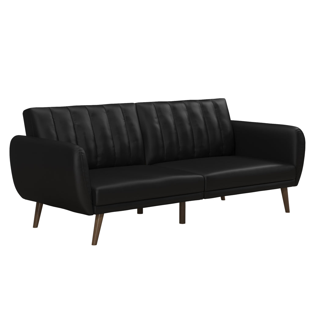 The Brittany Futon - Faux Leather is a sleek black sofa, featuring a tufted backrest, curved armrests, and four wooden legs. Its streamlined modern design with faux leather upholstery seamlessly blends style and comfort.