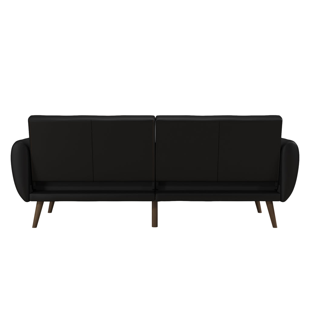 The Brittany Futon - Faux Leather showcases a rear view of its modern black design with wooden legs, featuring a sleek and minimalist style, squared backrests, and rounded armrests for a contemporary look.