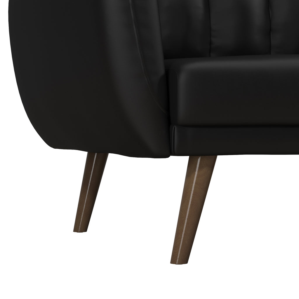 Close-up of the Brittany Futon - Faux Leather with sleek wooden legs, its smooth faux leather upholstery enhances the modern design. The futon features a multi-position split-back for versatile comfort.