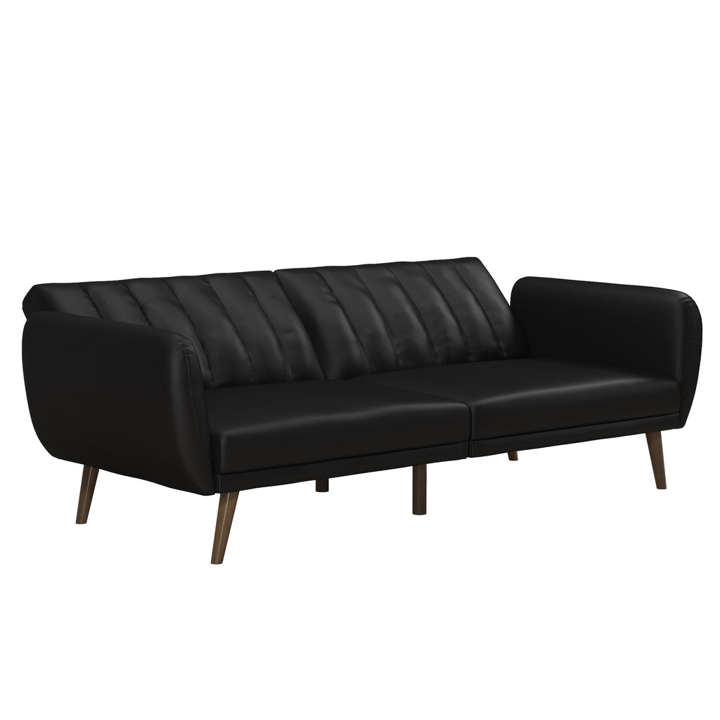 The Brittany Futon features a black faux leather finish, with sleek curved armrests and wooden legs. Its contemporary style is enhanced by a multi-position split-back design and vertical stitch detailing on the backrest.