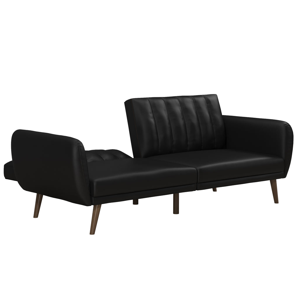 The Brittany Futon - Faux Leather is a modern sofa with a multi-position split-back, upholstered cushions, and tapered wooden legs. Its faux leather offers a sleek, contemporary vibe perfect for minimalist interiors.