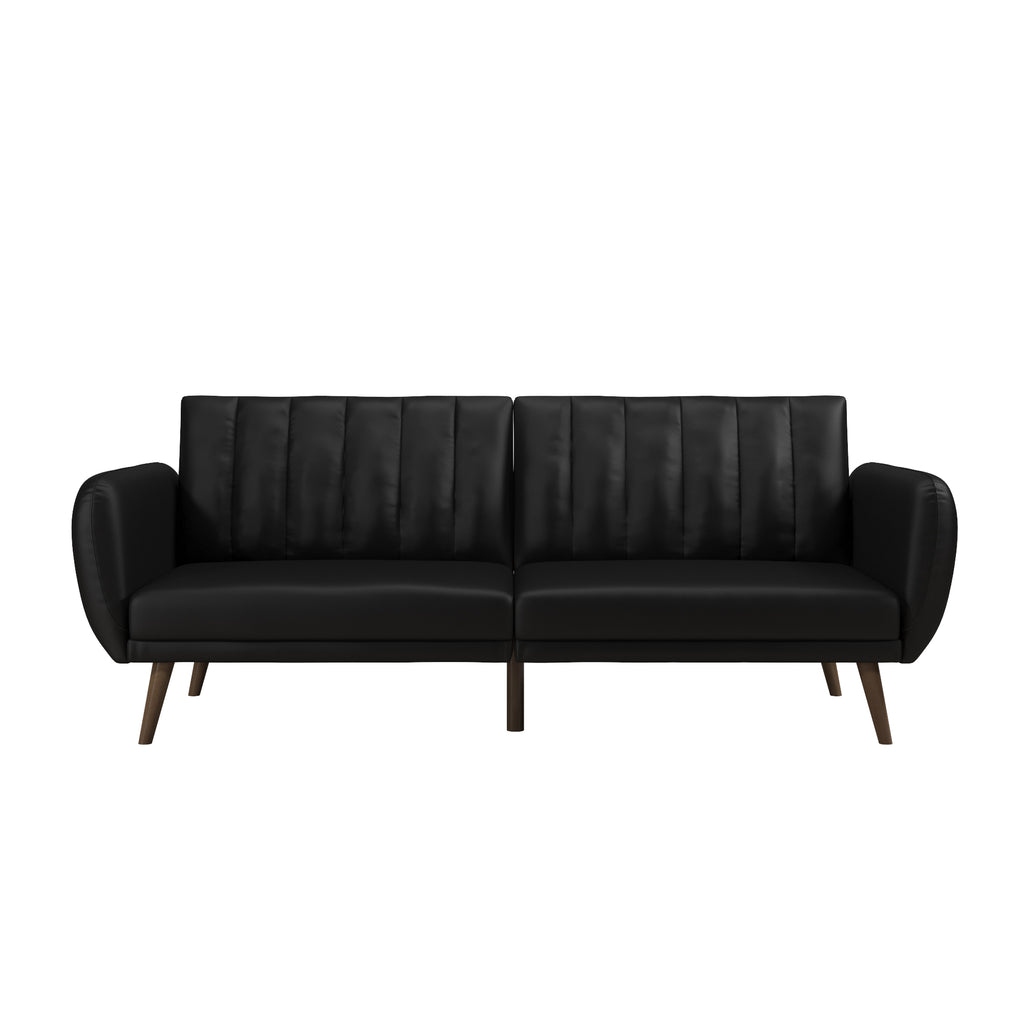 The Brittany Futon - Faux Leather is a modern black piece with wooden legs, tufted back cushions, and smooth seat cushions. Its multi-position split-back design and faux leather upholstery make it perfect for contemporary living spaces.