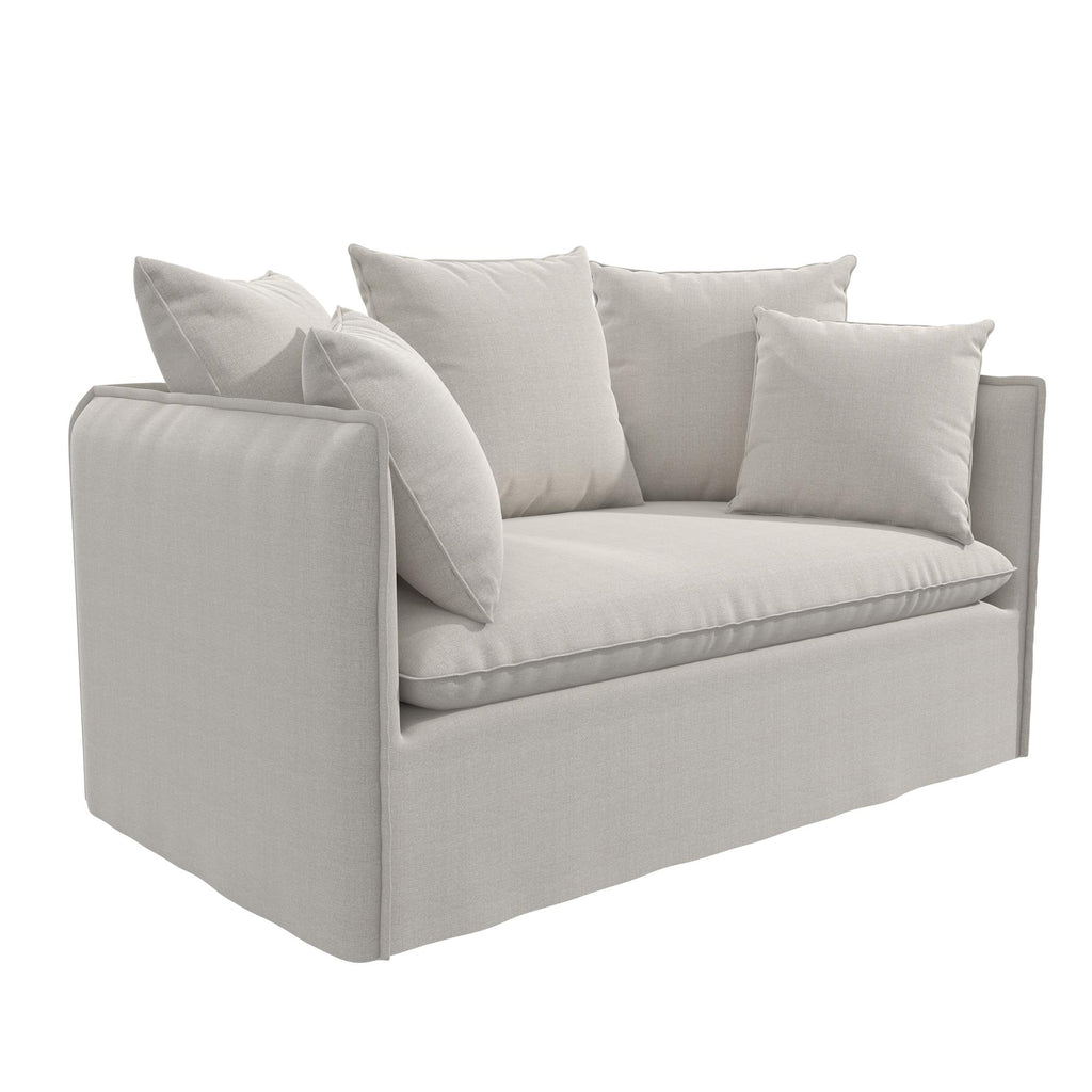 The Collette Slipcover Loveseat Sofa, in light gray with a boxy design, offers superior comfort with high-density foam seating. It includes a cushioned seat and back, five matching pillows, and has a minimalist contemporary look with a removable slipcover for easy maintenance.