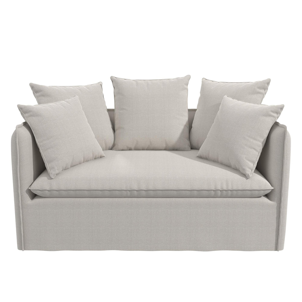 The Collette Slipcover Loveseat Sofa, in light gray with a sleek modern design, includes five matching cushions and features high-density foam seating for ultimate comfort. Its straight edges and cozy appearance make it ideal for any living room or lounge area.