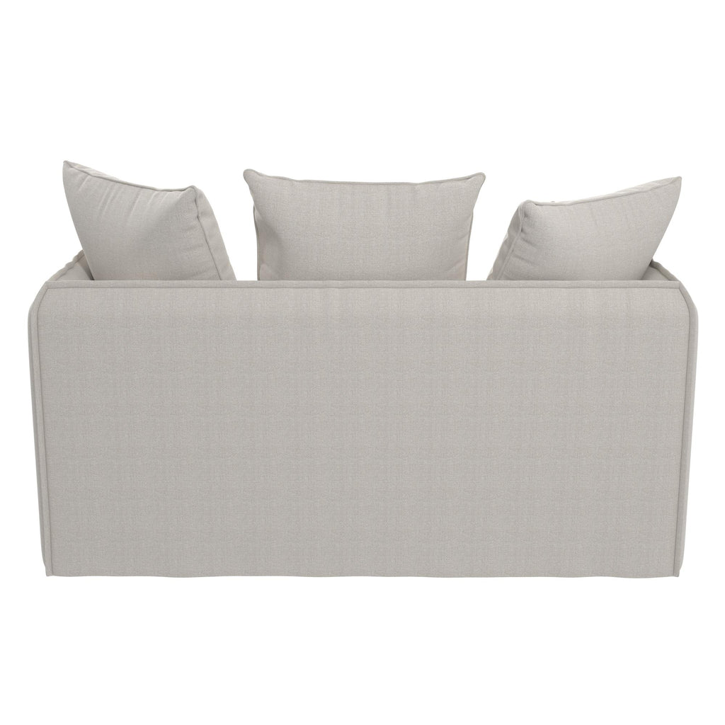 The Collette Slipcover Loveseat Sofa, with its sleek light gray design and minimalist style, features three large plush back cushions and high-density foam seating for ultimate comfort and modern elegance, perfect for any stylish space.