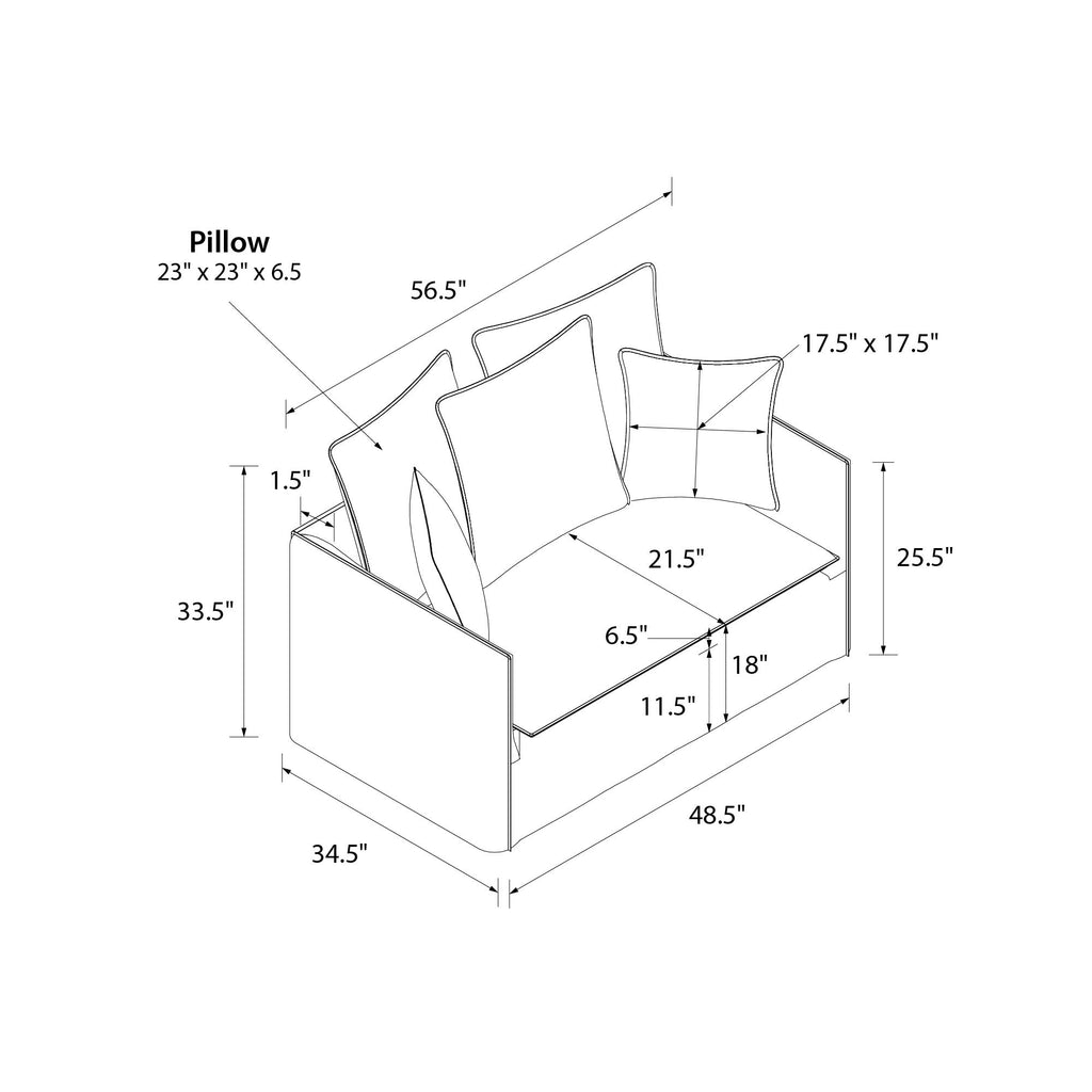 A line drawing of the Collette Slipcover Loveseat Sofa shows dimensions of 56.5W x 34.5D x 33.5H, featuring high-density foam seating and removable slipcovers for easy maintenance, with four pillows measuring 23x23x6.5 and 17.5x17.5.