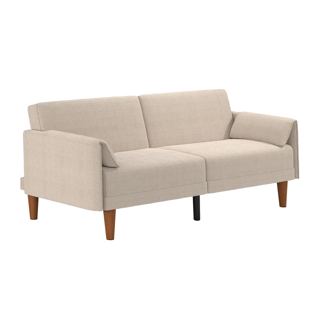 The Markham Futon is a beige, midcentury modern two-seater with wooden legs and slightly angled armrests. It features a minimalist design with clean lines and padded cushions, making it ideal for contemporary living room decor.