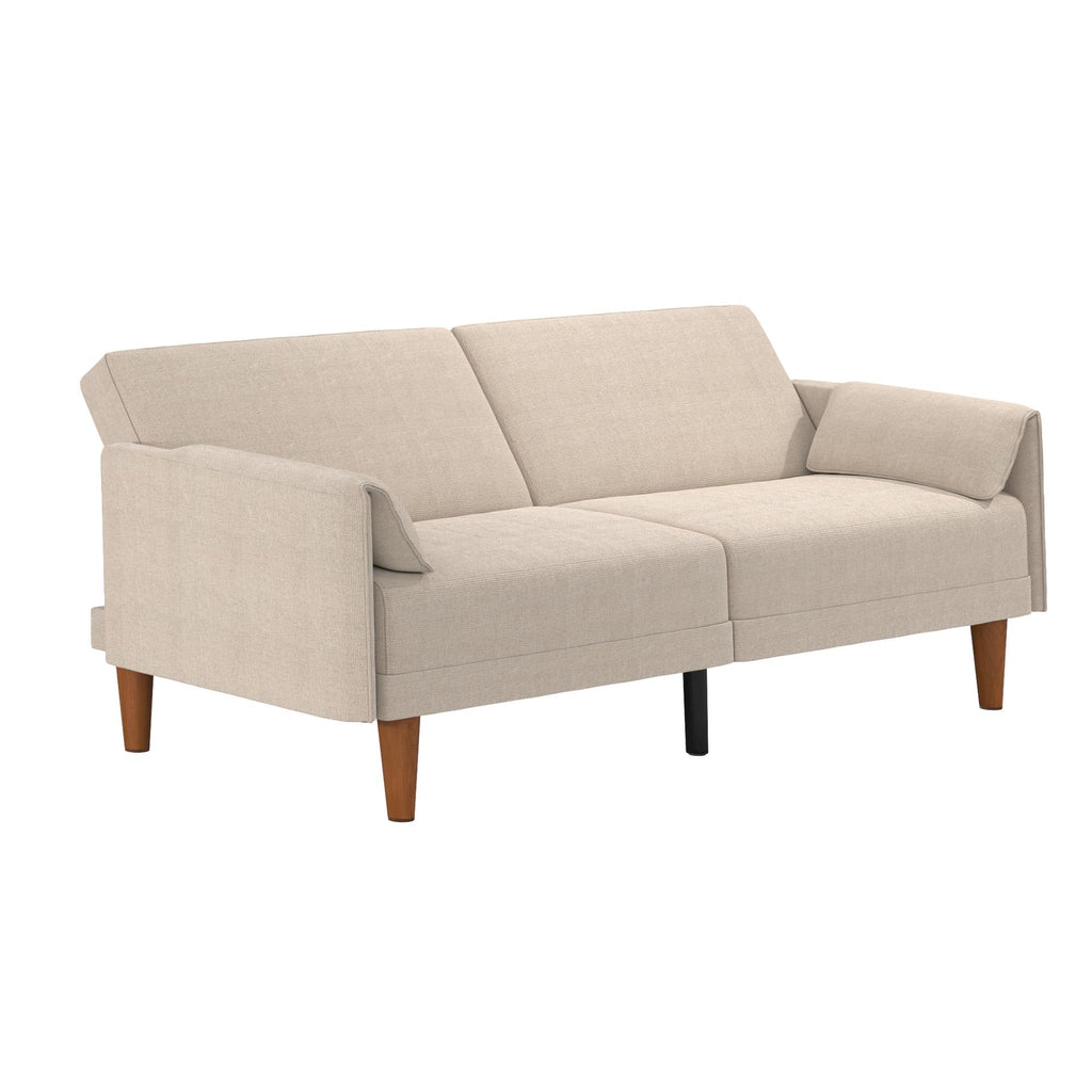 The Markham Futon is a beige Scandinavian sleeper sofa with wooden legs, featuring a minimalist design. Its clean, rectangular shape includes low armrests and two back cushions, enhancing its versatility for various interior decors.