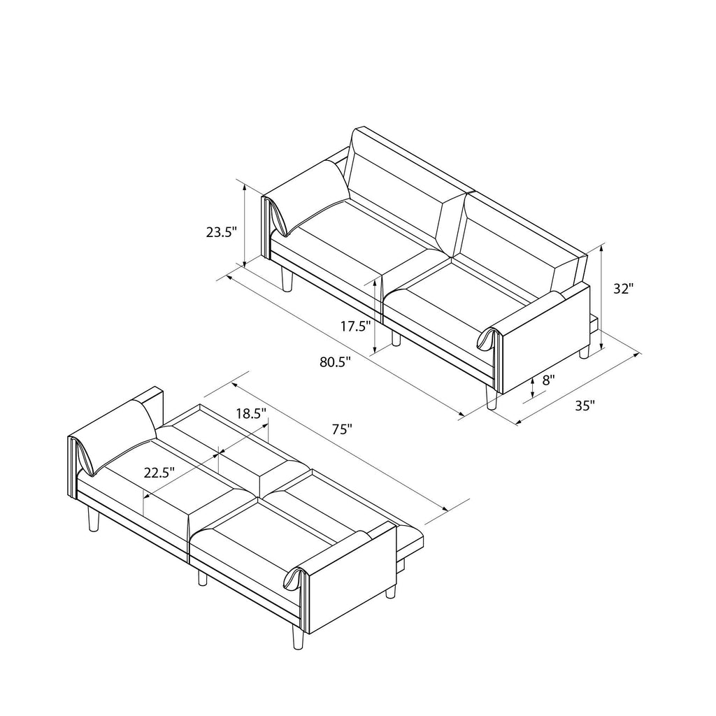 Technical drawing of the Markham Futon shows dimensions: top view is 75 L x 35 W, and bed configuration is 80.5 L x 45 W, with labeled armrest heights.