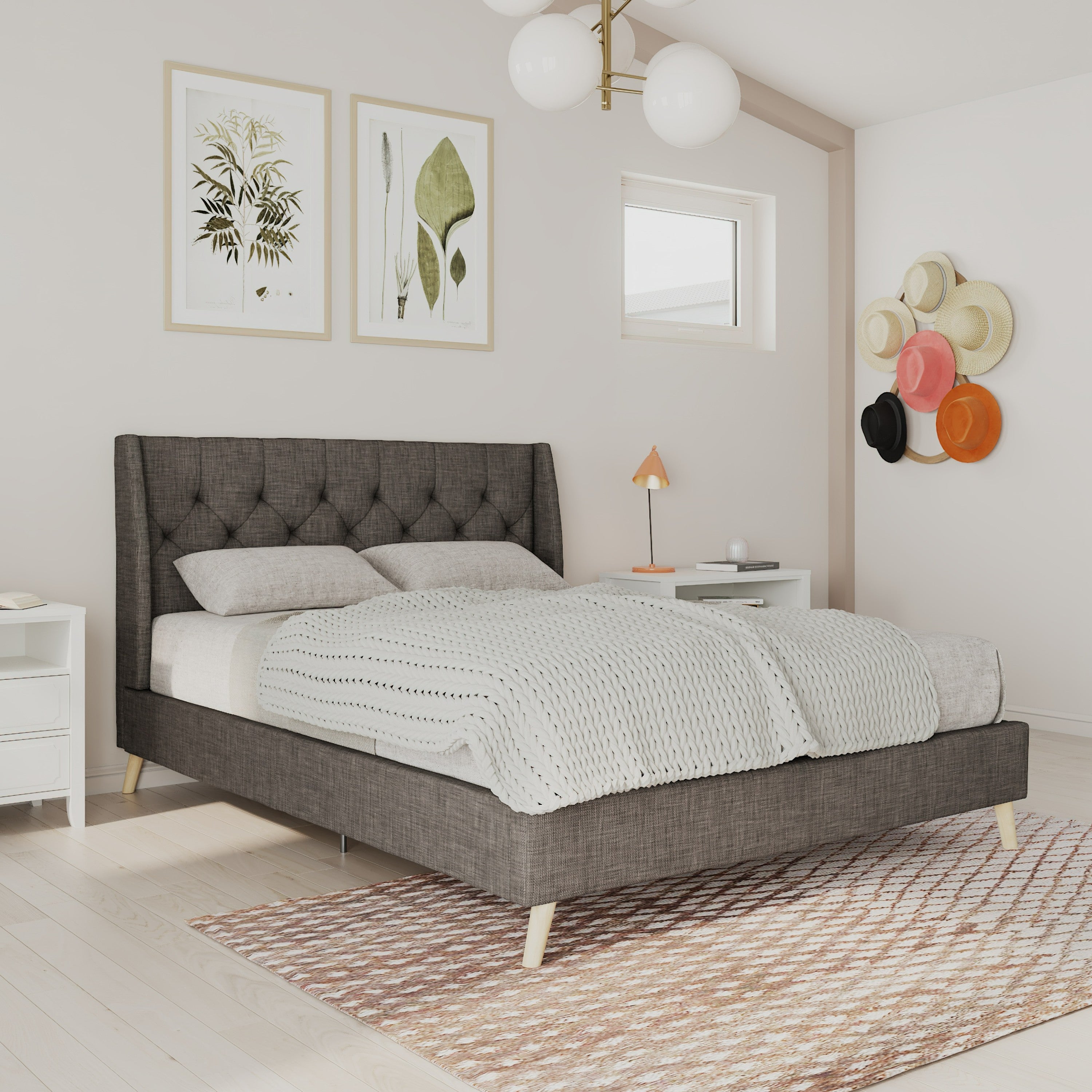 Queen Size Upholstered Platform Bed Frame with All Mounting