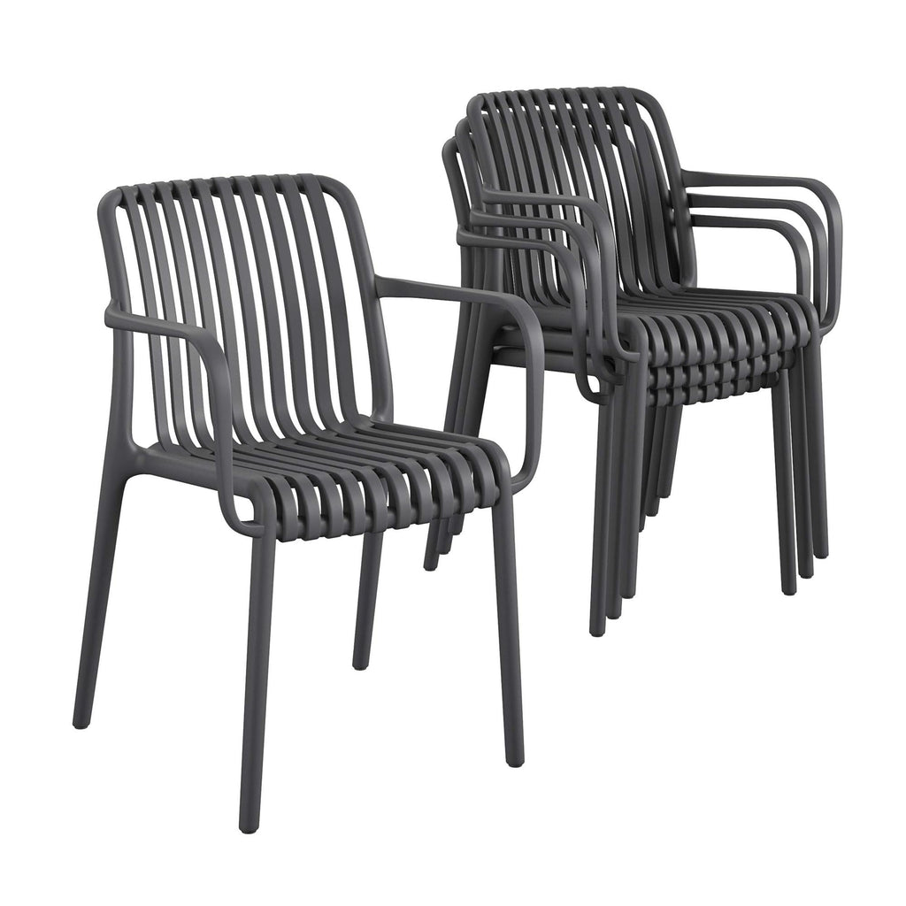 The Bennett Stacking Dining Chairs set includes four black, modern chairs with slatted seats and backrests. These armchairs feature a sleek, minimalist design in durable resin, require no assembly, and are perfect for outdoor spaces. They conveniently stack two per side.