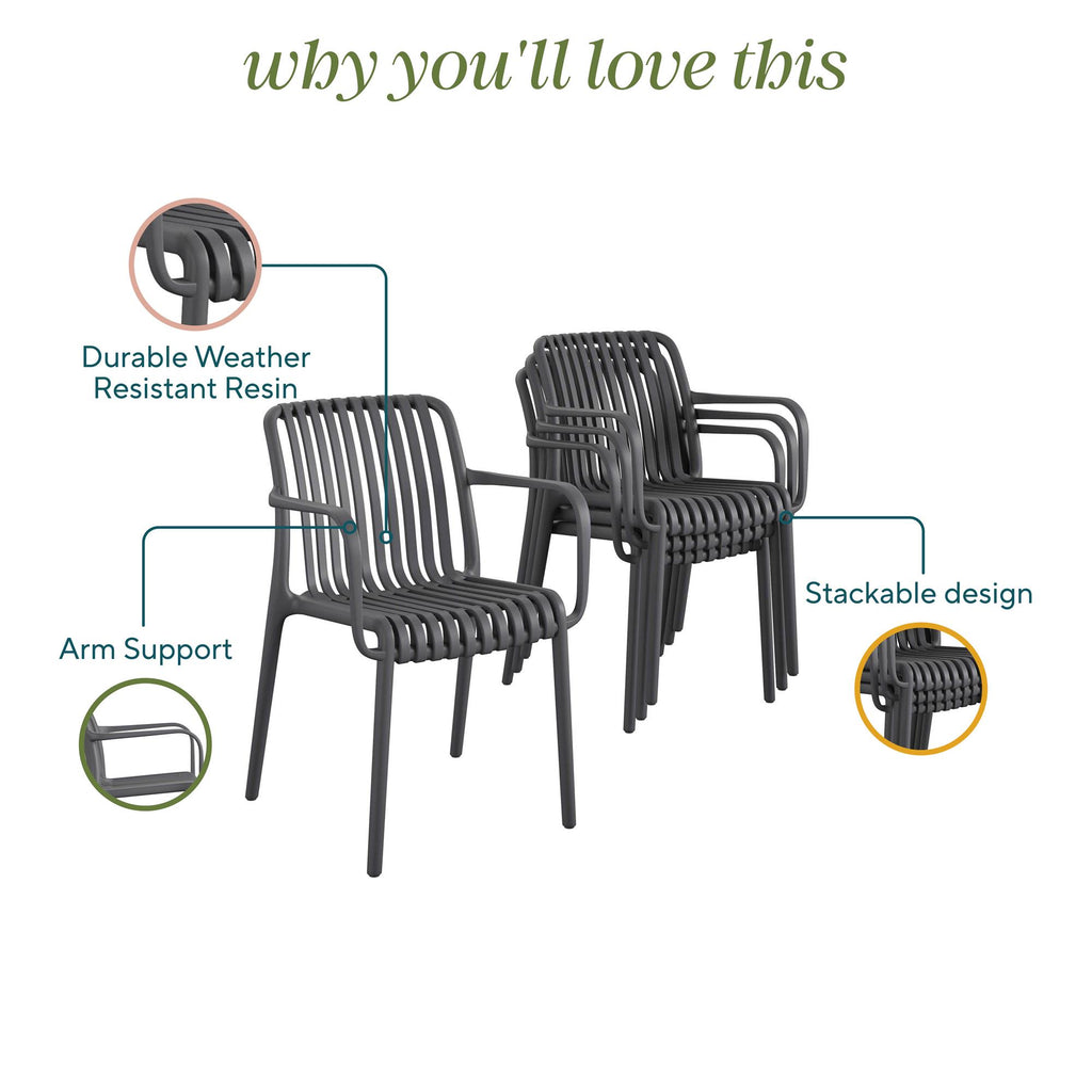 Image of Bennett Stacking Dining Chairs (Set of 4) in dark gray with slatted design and armrests, made from weather-resistant resin. Offers great arm support and requires no assembly. Background is white with green text saying why youll love this.