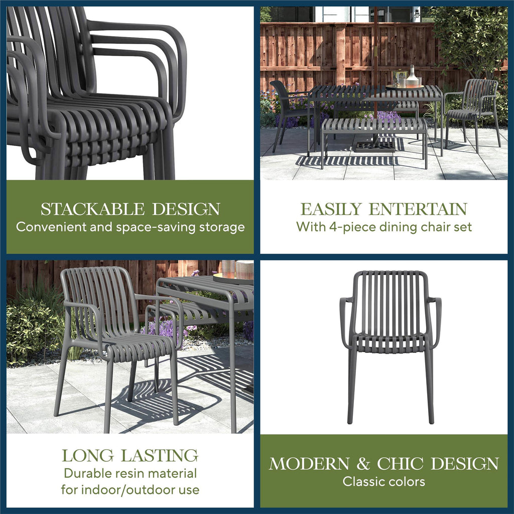 Introducing the Bennett Stacking Dining Chairs (Set of 4), ideal for any patio. This promo highlights their stackable, modern design in outdoor dining scenes. Crafted from durable resin in classic colors, these chairs require no assembly and are ready to entertain.