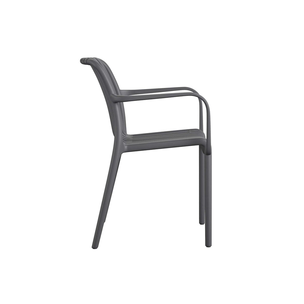 Side view of gray, modern Bennett Stacking Dining Chair featuring armrests and sleek horizontal ridges on the seat and backrest. Crafted from durable resin with four tapered legs, this minimalist design offers style and convenience with no assembly required.