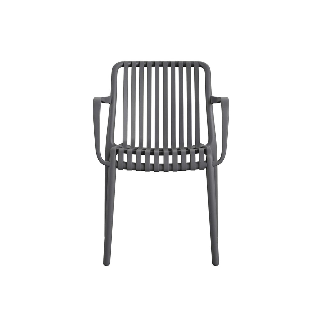 The modern black Bennett Stacking Dining Chairs (Set of 4) features a sleek design with vertical slats for the backrest and seat, crafted from durable resin and curved armrests, offering a contemporary minimalist look against a white backdrop.