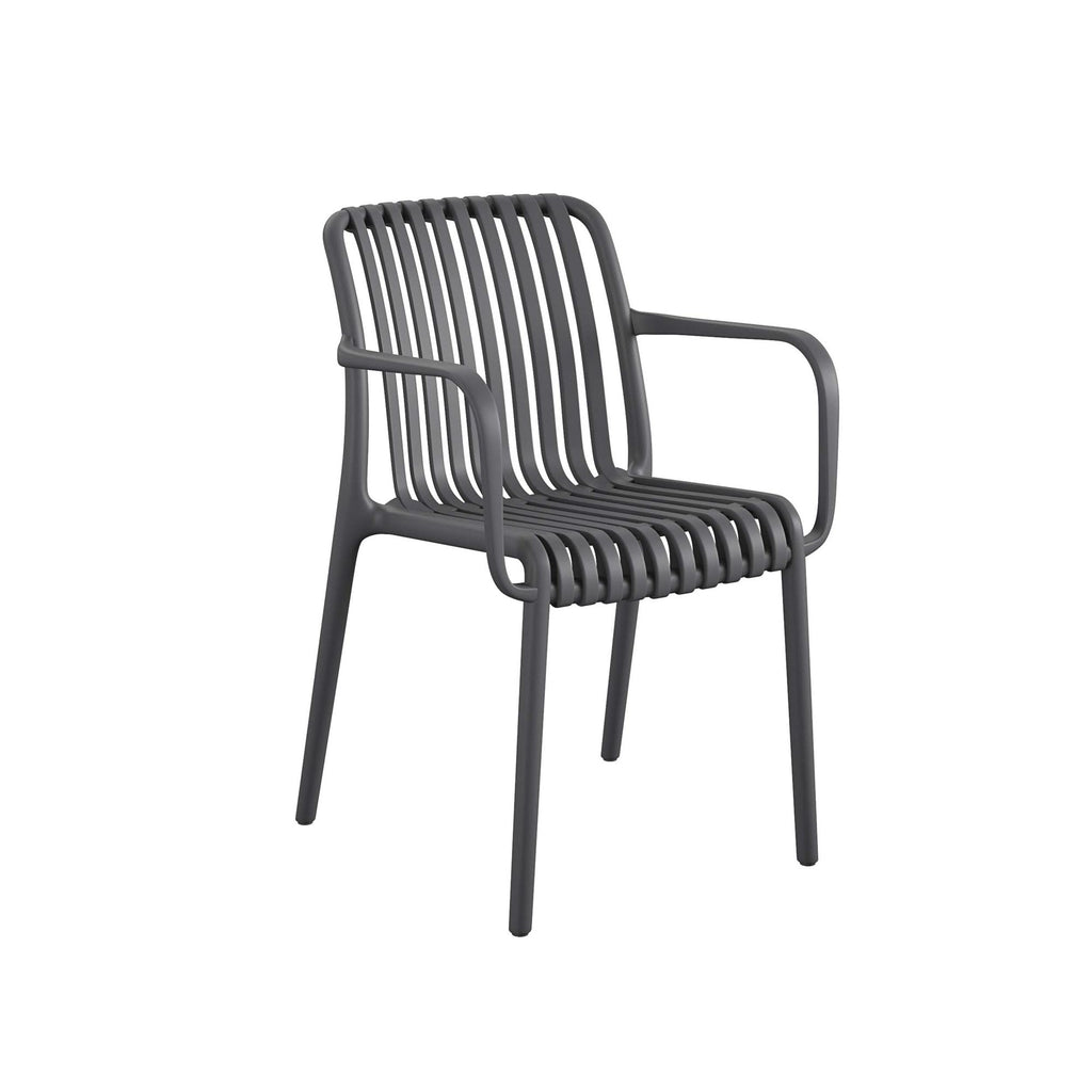 The Bennett Stacking Dining Chairs (Set of 4) are crafted from durable resin with a modern gray slatted design, featuring armrests and a contoured seat, all molded from one piece. These minimalist chairs suit any contemporary space, and no assembly is needed.