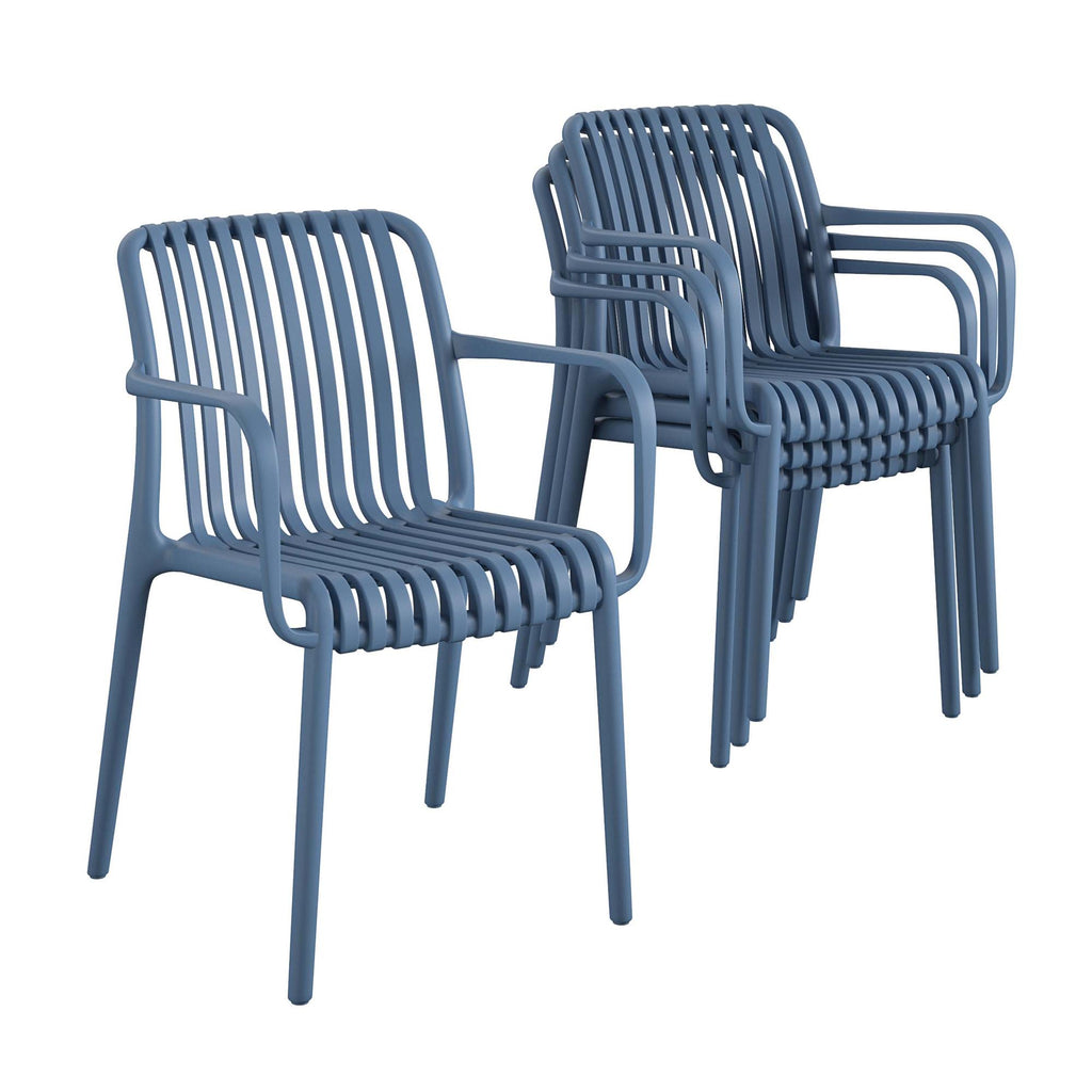 The Bennett Stacking Dining Chairs (Set of 4) feature a modern design with slatted backs and seats, crafted from durable resin. These blue patio chairs have armrests, stack on a white background, and require no assembly.