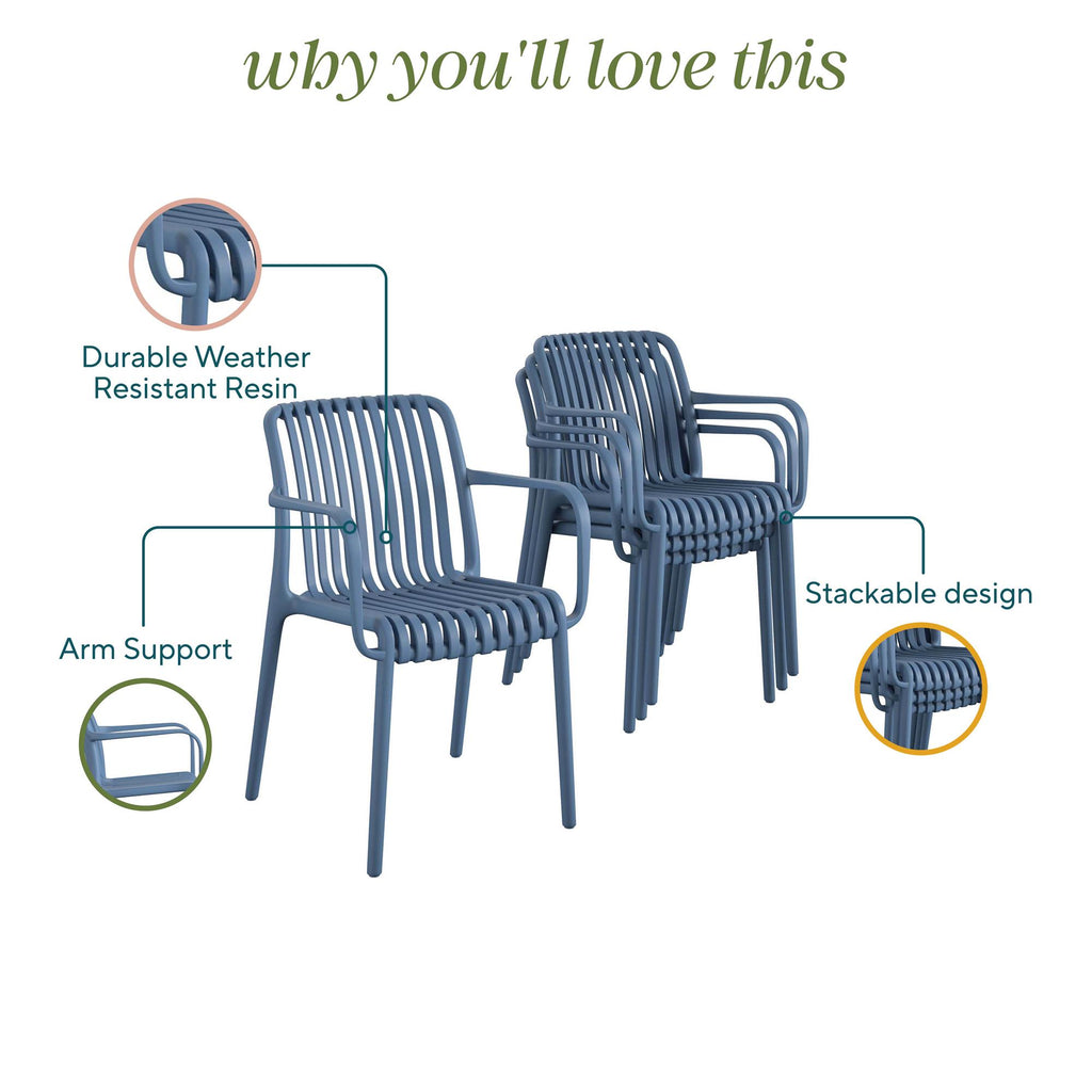 Two blue outdoor Bennett Stacking Dining Chairs are shown, featuring durable weather-resistant resin, arm support, and a stackable design with no assembly needed. At the top, it reads, Why youll love these chairs.