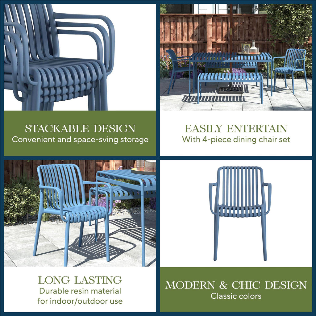 Collage showcasing Bennett Stacking Dining Chairs (Set of 4) in blue with ribbed design. Highlights: No Assembly Required, Easily Entertain, Durable Resin, Modern & Chic Design. Features chairs stacked, arranged with a table, and a single chair display.