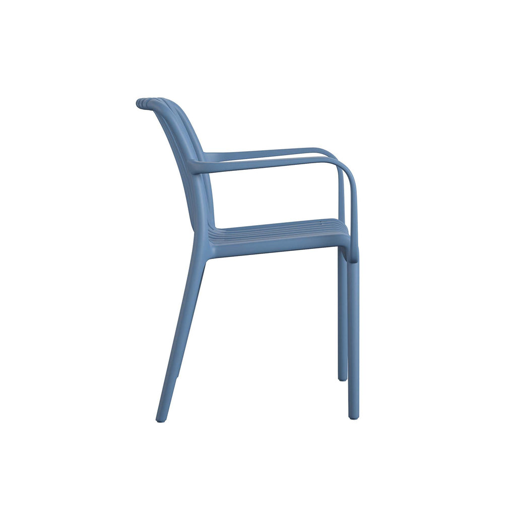 A side view of a Bennett Stacking Dining Chair in blue highlights its modern design. Made from durable resin with no assembly needed, it includes armrests, a slatted seat and back, and four tapered legs. Sold as a set of four.