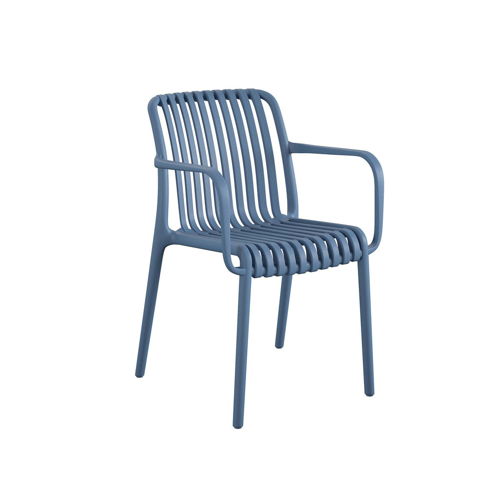 The Bennett Stacking Dining Chairs, in a set of 4, feature a modern blue slatted design with armrests and four slim legs. Crafted from durable resin, they offer a sleek minimalist style suitable for indoor or outdoor use and require no assembly.