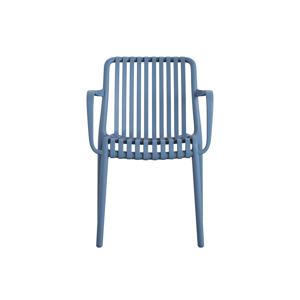 The Bennett Stacking Dining Chairs come in a set of 4, featuring blue slatted backrests and seats with armrests. With a minimalist design made from durable resin, these chairs stand elegantly on four legs against a plain white background and require no assembly.