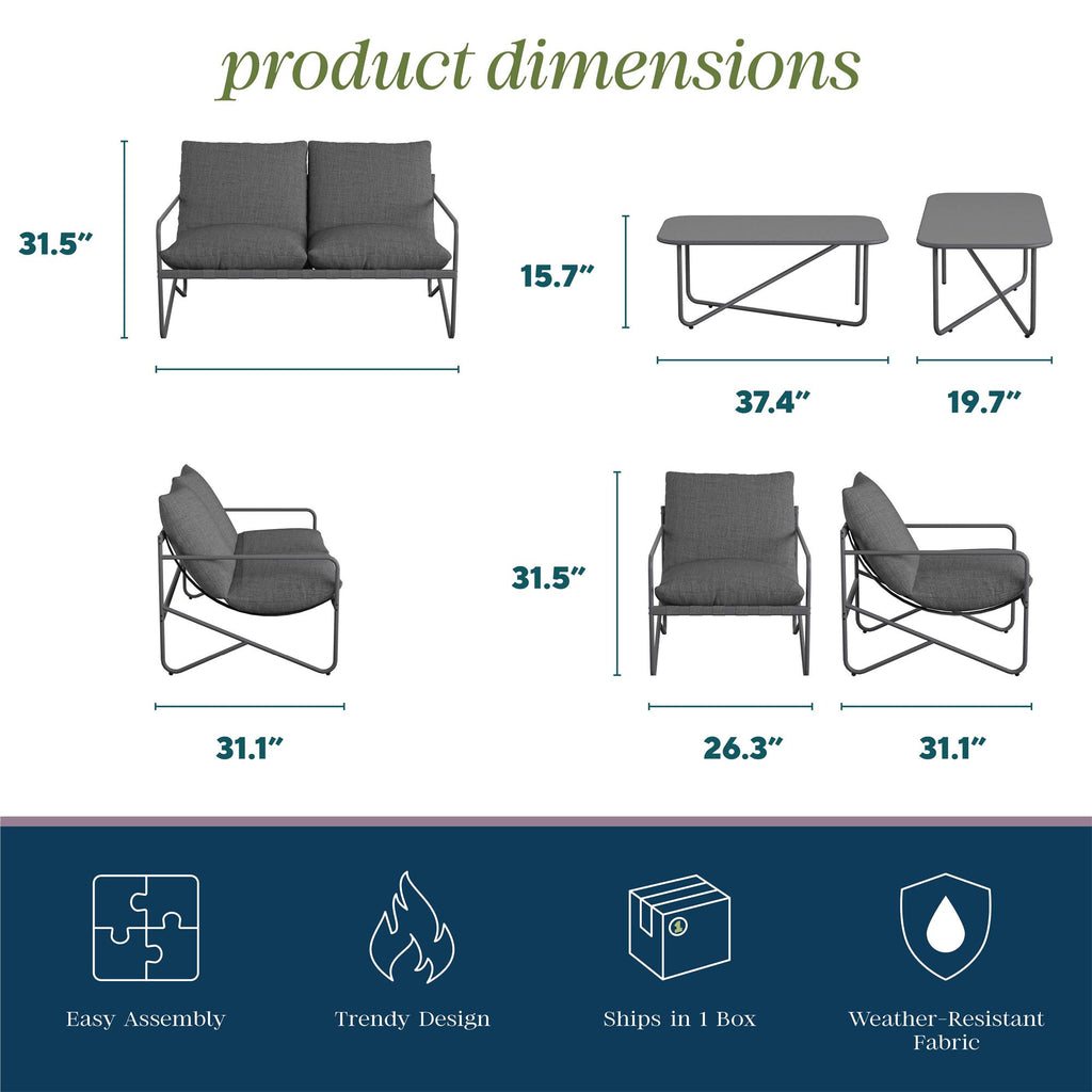 Illustration of the Wrenn 4-Piece Sling and Cushion Conversation Set, ideal for outdoor gatherings: includes a loveseat (31.5 H x 50 W x 31.5 D), coffee table (15.7 H x 37.4 W x 19.7 D), and two chairs (31.5 H x 26.3 W x 31.1).