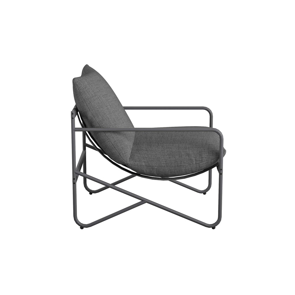 Side view of the Wrenn 4-Piece Sling and Cushion Conversation Set armchair, featuring a modern gray design with a sleek steel frame, cushioned seat and backrest. Its minimalist curved lines and crossed base support make it ideal for outdoor gatherings against a plain white background.