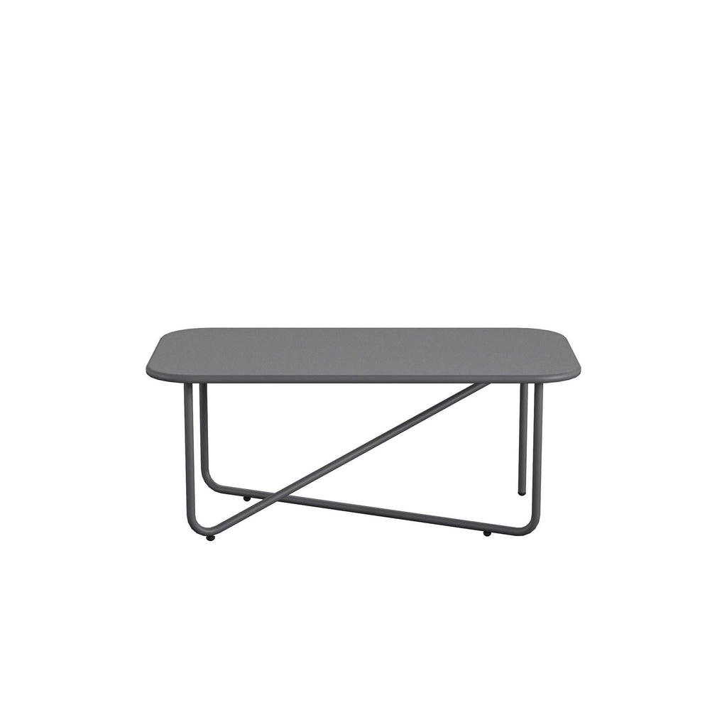 The Wrenn 4-Piece Sling and Cushion Conversation Set includes a minimalist gray bench with a rectangular seat and rounded corners, ideal for outdoor gatherings. Its sleek steel frame and unique crisscross support design seamlessly blend style and function.