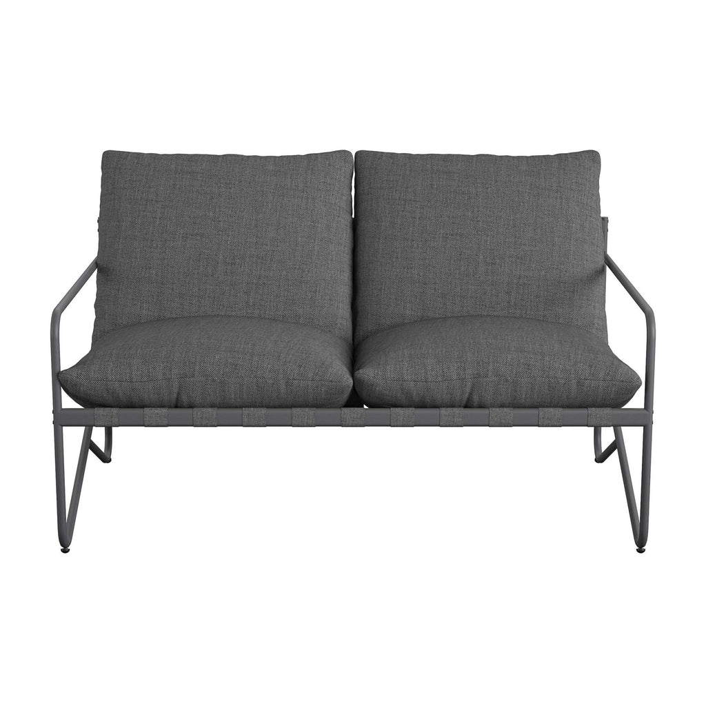 A modern grey sofa with a sleek steel frame features two plush cushions on the backrest. Its minimalist design and thin armrests make it perfect for any contemporary space as part of the Wrenn 4-Piece Sling and Cushion Conversation Set.