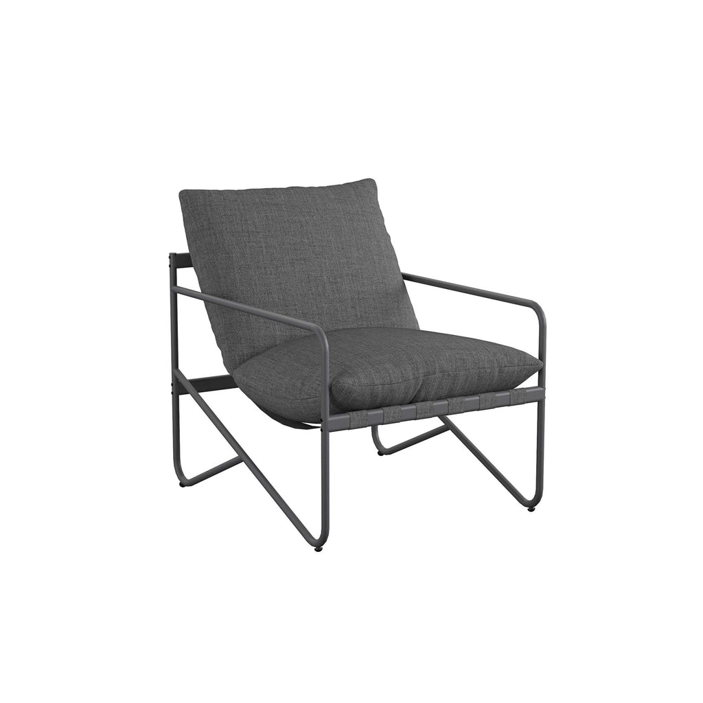 A sleek, minimalist gray chair with a steel frame, cushioned seat and backrest upholstered in textured gray fabric. Its angular armrests and geometric base make it an ideal addition to the Wrenn 4-Piece Sling and Cushion Conversation Set for outdoor gatherings.