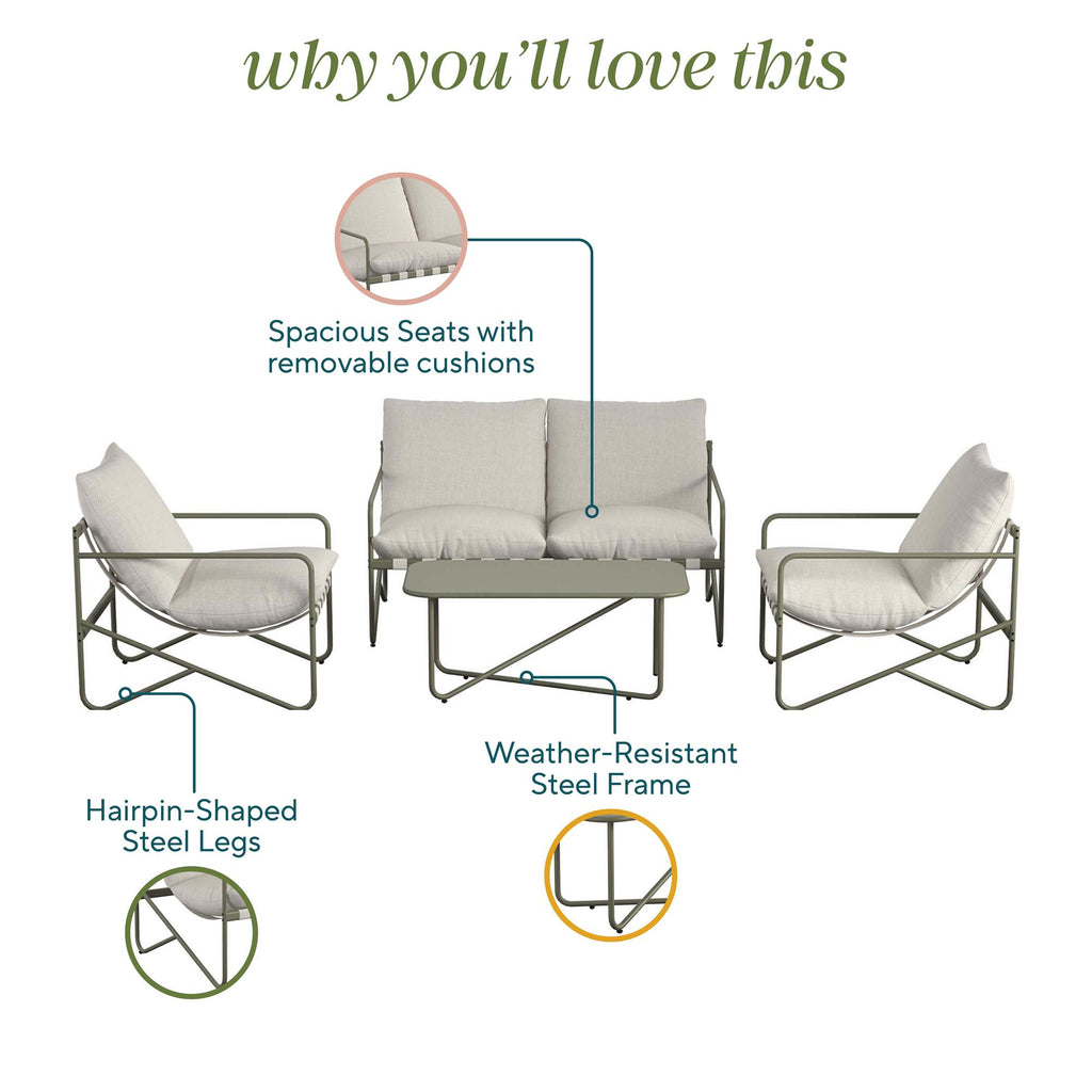 The Wrenn 4-Piece Sling and Cushion Conversation Set is ideal for outdoor gatherings, offering two chairs, a loveseat, and a low table. Enjoy spacious seating with removable cushions and hairpin steel legs on a weather-resistant steel frame. Why youll love this in green text.