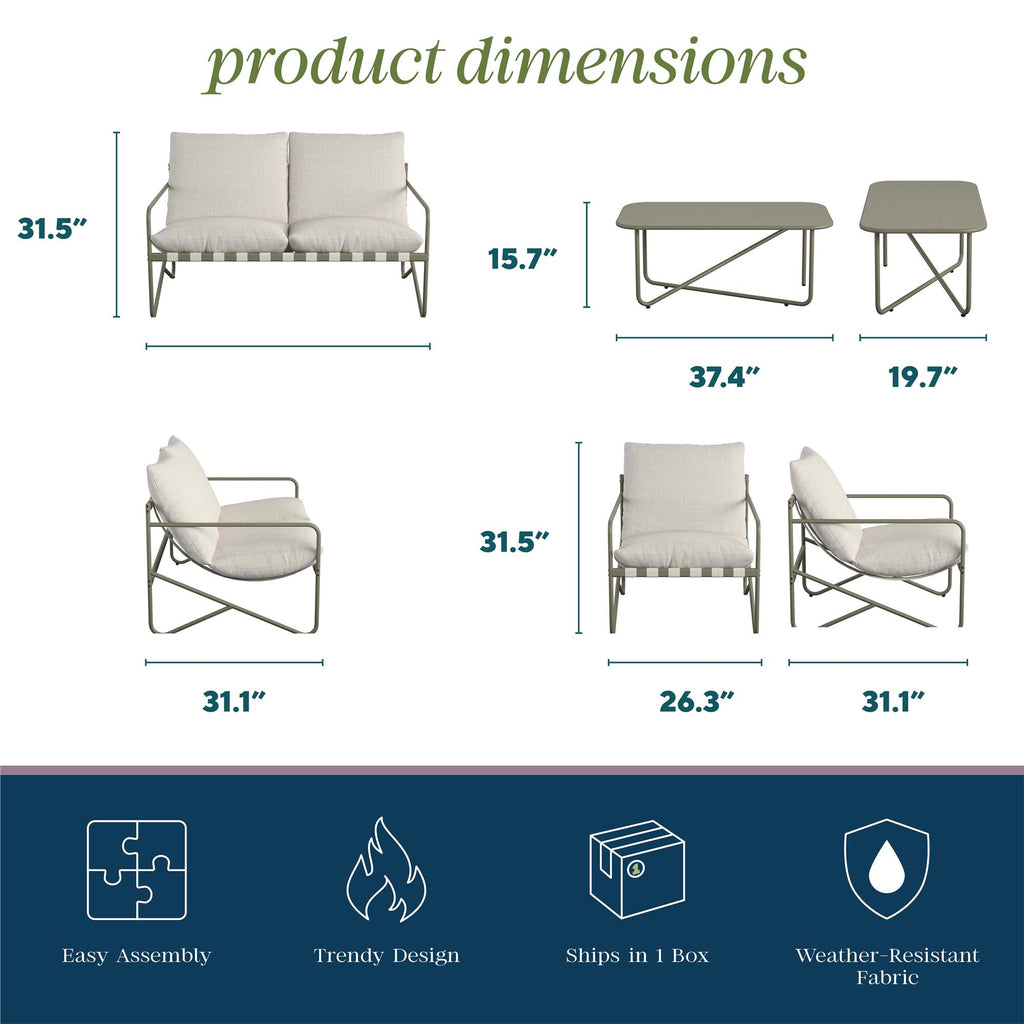 The Wrenn 4-Piece Sling and Cushion Conversation Set includes a loveseat (31.5 x 30.2), two chairs (31.5 x 31.1 each), a coffee table (37.4 x 19.7), and an end table (15.7). Featuring a sturdy steel frame, it offers easy assembly, stylish design, and weather-resistant fabric for outdoor use.