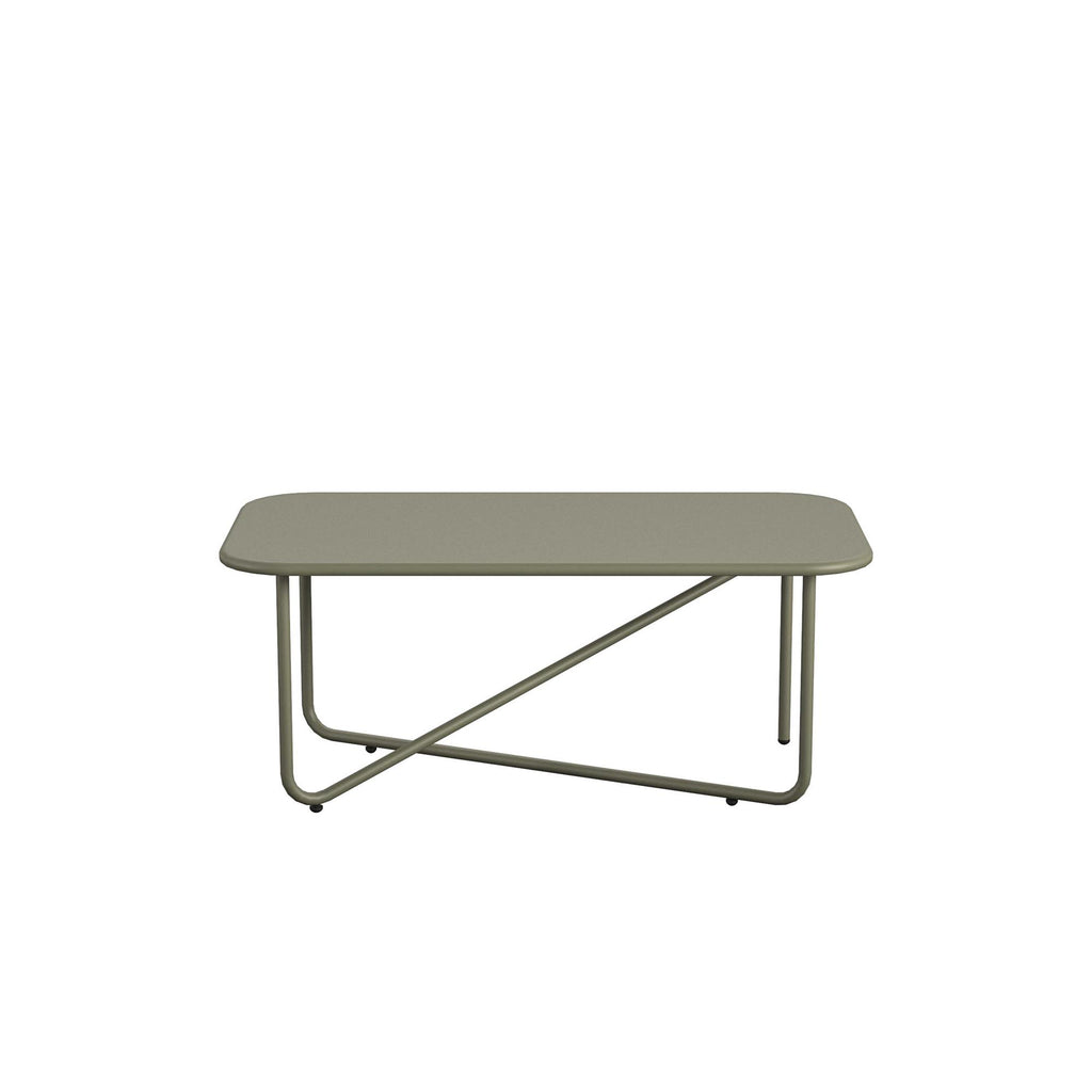 The Wrenn 4-Piece Sling and Cushion Conversation Set includes a light olive green rectangular coffee table with rounded edges, a minimalist steel frame and legs, and diagonal support bars for stability, perfect for an open, airy design at outdoor gatherings.