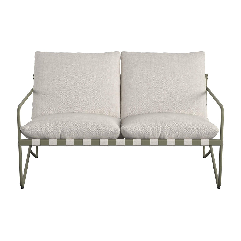 The Wrenn 4-Piece Sling and Cushion Conversation Set includes a beige cushioned loveseat with a durable steel frame, slim armrests, and a woven strap base for a minimalist look. Thick plush cushions ensure comfort, making it ideal for outdoor gatherings.