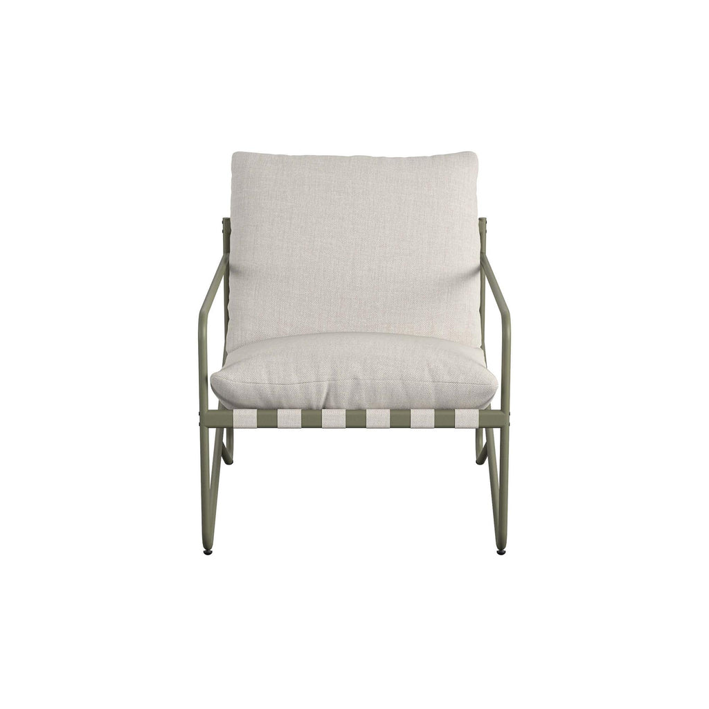 This Wrenn 4-Piece Sling and Cushion Conversation Set includes a light gray cushioned chair with a green steel frame and armrests, ideal for outdoor gatherings. Its simple, modern design features padded seating for comfort and a sturdy metal frame for an industrial style.