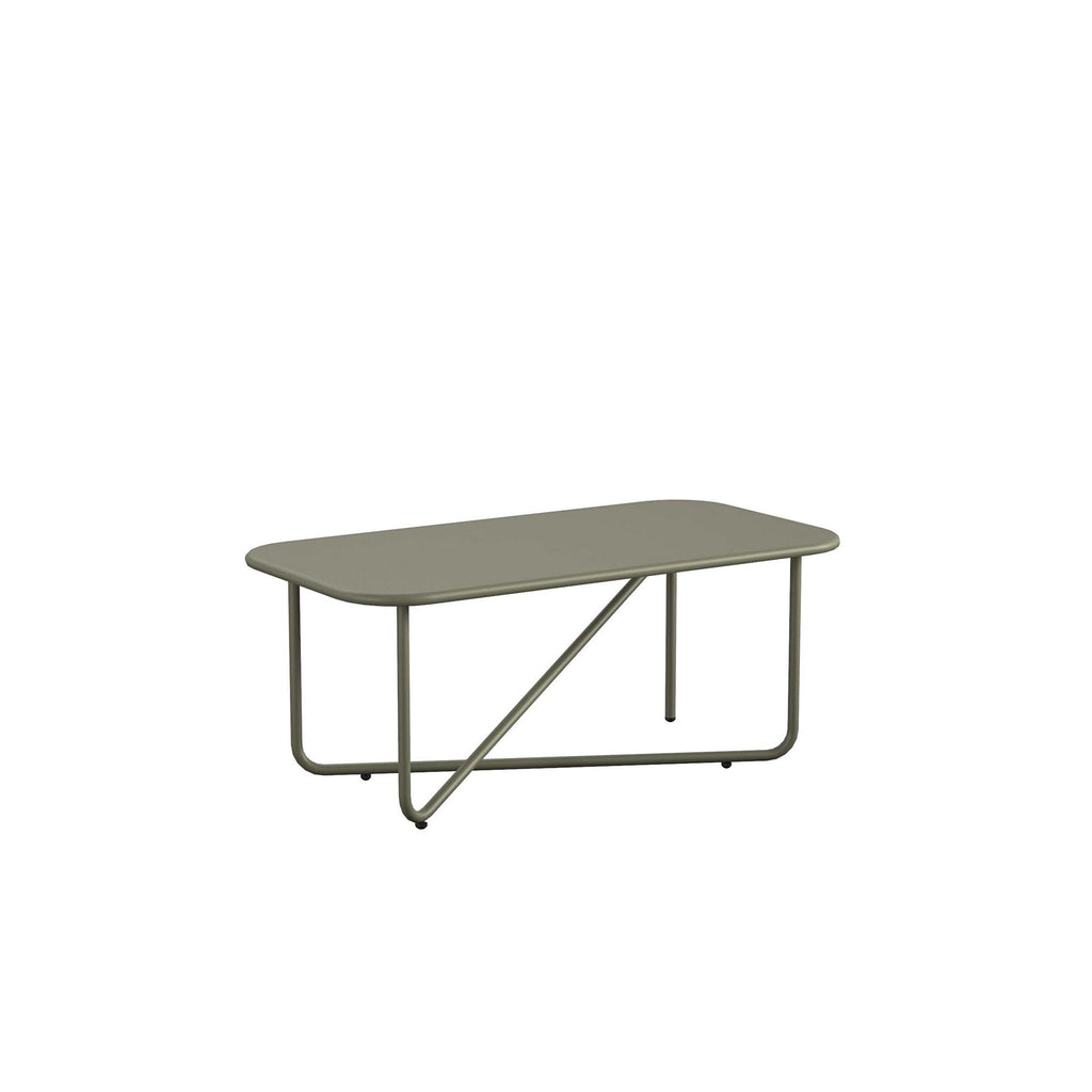 This minimalist olive green coffee table, with its rectangular top and slender steel frame legs featuring a unique angular support design, is perfect for outdoor gatherings when paired with the Wrenn 4-Piece Sling and Cushion Conversation Set.