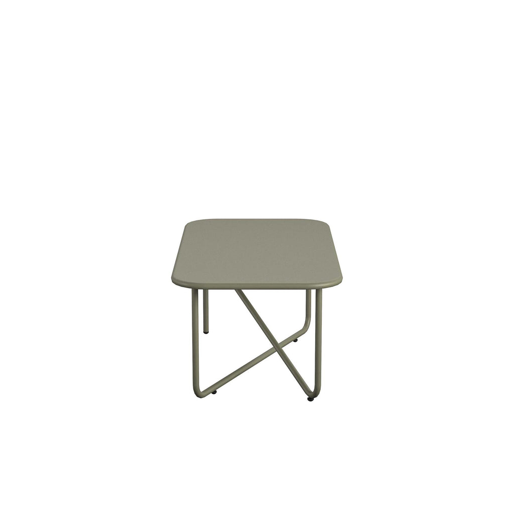 A compact, olive green table from the Wrenn 4-Piece Sling and Cushion Conversation Set, featuring a minimalist rectangular design with rounded corners, slim curved legs forming an X at the base. Its sturdy steel frame provides elegance for outdoor gatherings against a plain white backdrop.