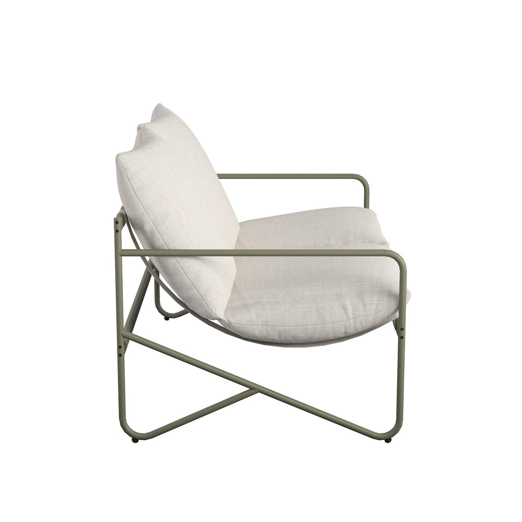 Side view of the Wrenn 4-Piece Sling and Cushion Conversation Set chair with a minimalist olive green steel frame and light beige fabric cushioning, featuring a sleek, geometric design ideal for outdoor gatherings.