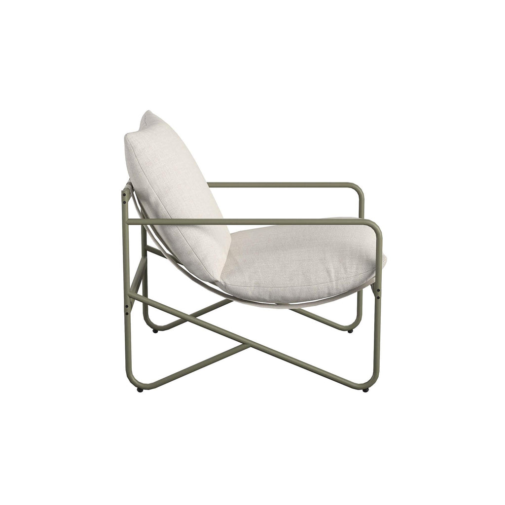 Side view of a chair from the Wrenn 4-Piece Sling and Cushion Conversation Set, showcasing a minimalist olive green steel frame, thick off-white cushioned seat and backrest, crisscross design, and angled armrests—ideal for outdoor gatherings.