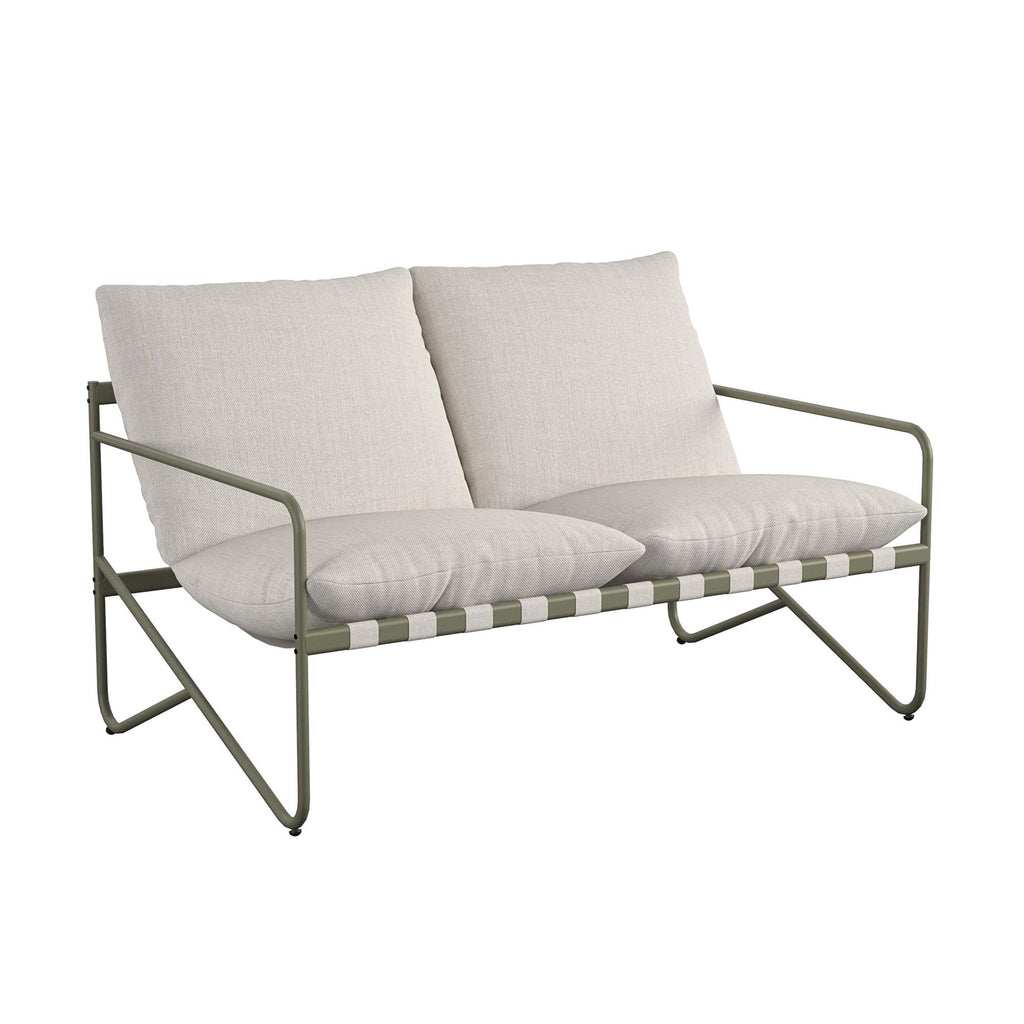 Introducing the Wrenn 4-Piece Sling and Cushion Conversation Set: A modern outdoor loveseat with an olive green steel frame, angled legs, wide armrests, and two large beige cushions for comfort—ideal for minimalist outdoor gatherings.