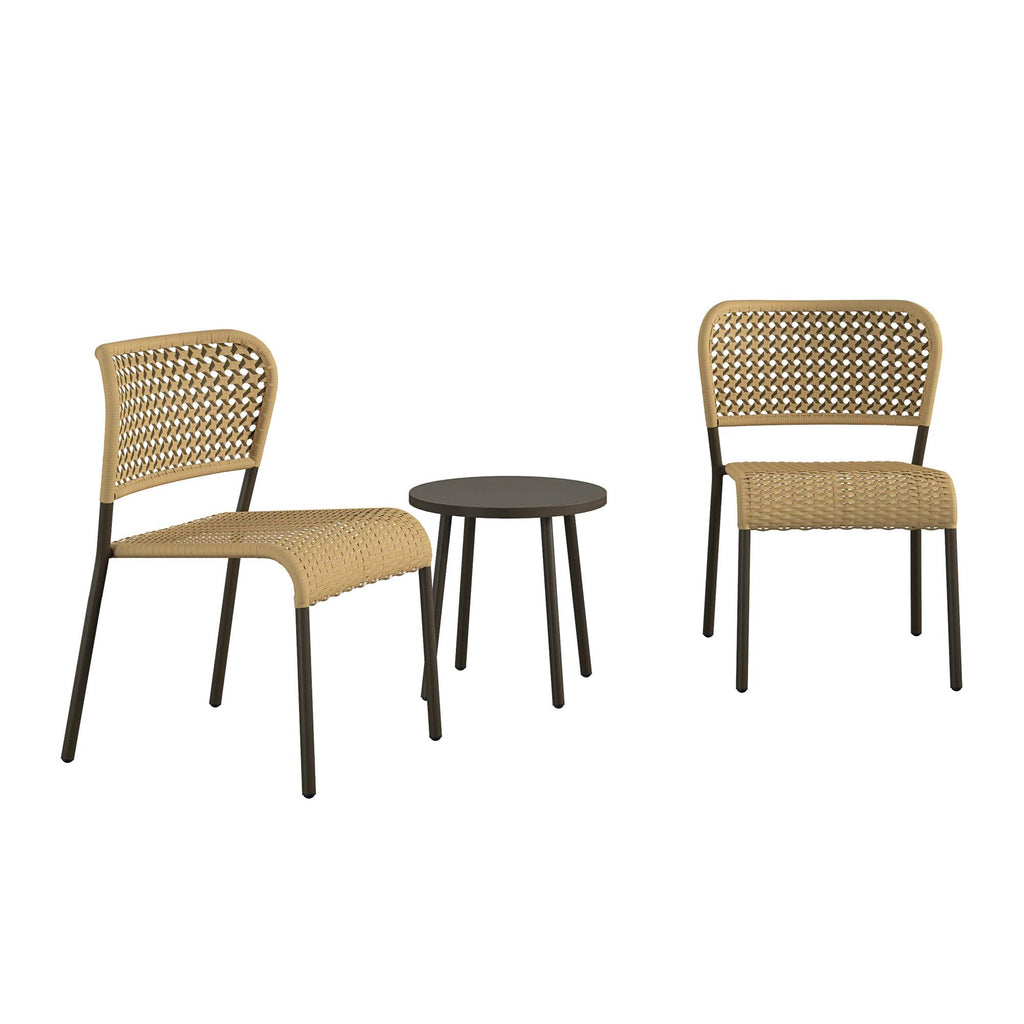 The Briar 3-Piece Wicker Chat Set features two wicker chairs with textured backrests and seats, paired with a small round black metal table. With its woven rattan on black metal frames, this set epitomizes modern design and promises easy assembly against a white background.