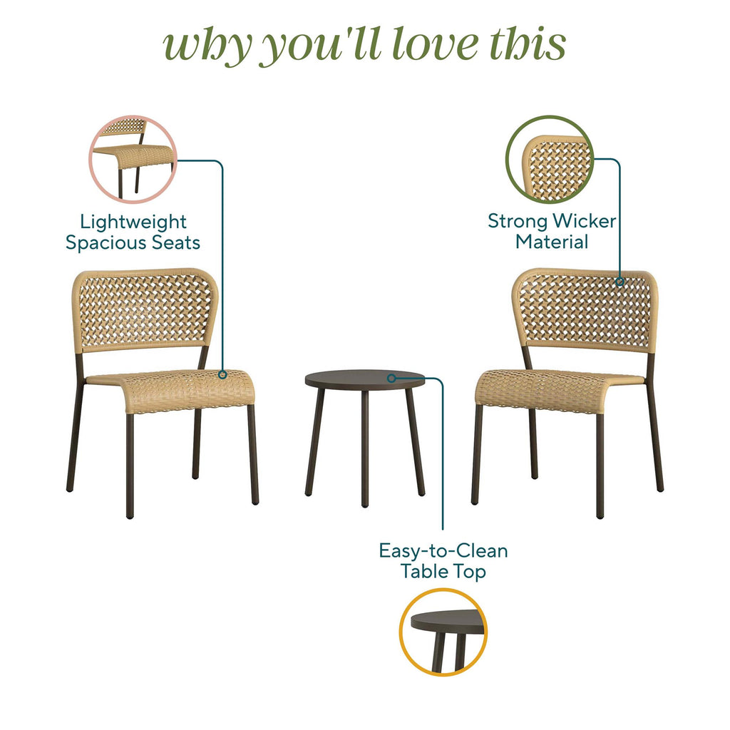 Explore the Briar 3-Piece Wicker Chat Set with two spacious wicker chairs and a sleek round table. Its modern, lightweight design features durable wicker and an easy-to-clean tabletop, ensuring simple assembly and ultimate convenience.