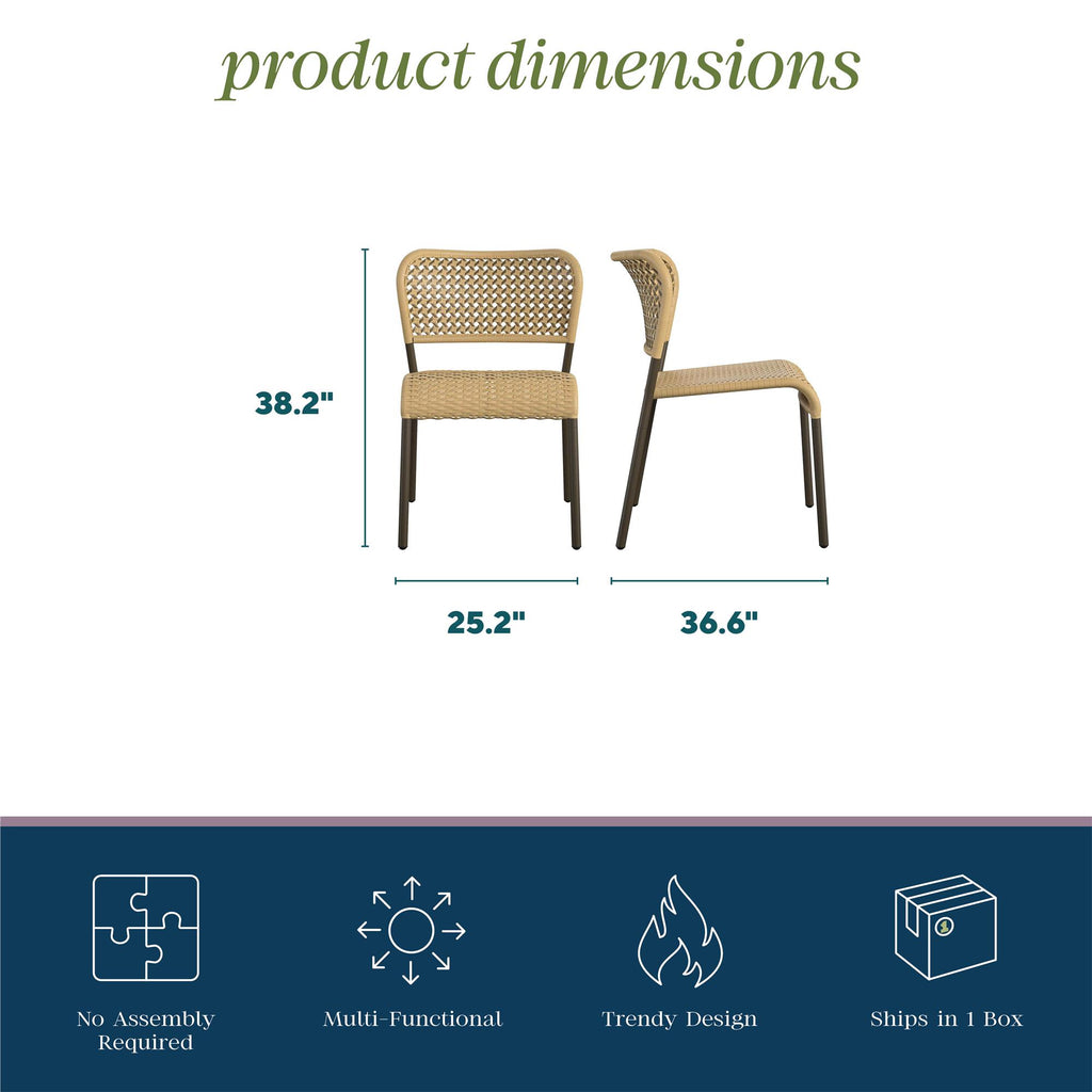 Side view of two trendy woven chairs from the Briar 3-Piece Wicker Chat Set, measuring 38.2 H x 36.6 D x 25.2 W, featuring no assembly required, multifunctional use, and single-box shipping—ideal for versatile seating arrangements.