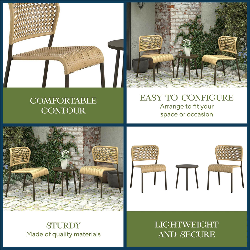 A collage of outdoor furniture images showcases the Briar 3-Piece Wicker Chat Set: Top left features a Comfortable Contour chair, top right shows two chairs and a table touting Easy to Configure, bottom left is labeled Sturdy, and bottom right highlights its Lightweight, Secure, Easy Assembly.