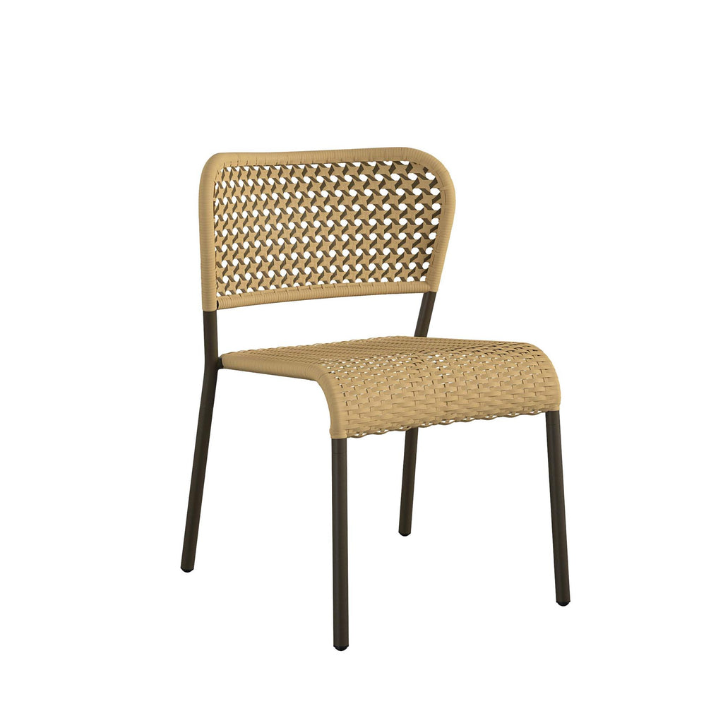 The light brown chair from the Briar 3-Piece Wicker Chat Set features a rounded backrest and seat with a metal frame and four legs. Its easy assembly and modern design make it ideal for contemporary spaces.