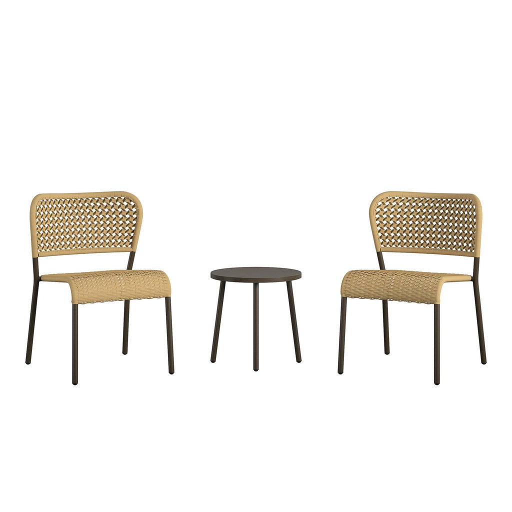 The Briar 3-Piece Wicker Chat Set includes two wicker chairs with light tan woven backs and seats, paired with a small round table featuring a dark, sleek top. Easy to assemble, this modern design is ideal for outdoor or patio settings.