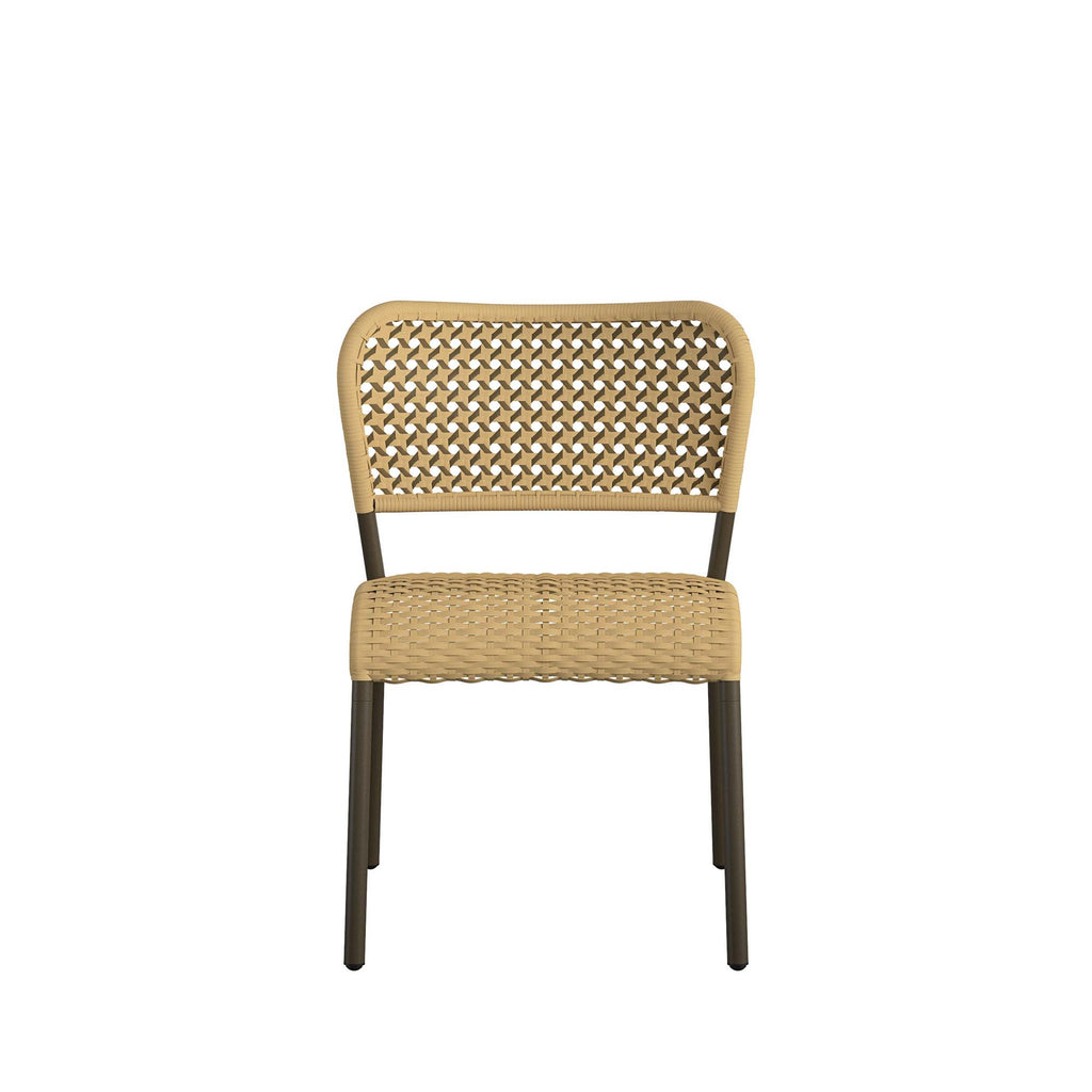 The Briar 3-Piece Wicker Chat Set includes a modern chair with a woven backrest and seat in light beige, supported by a slender dark metal frame. Its open pattern offers a light, airy look that blends seamlessly into the sets sleek modern design and allows for easy assembly.