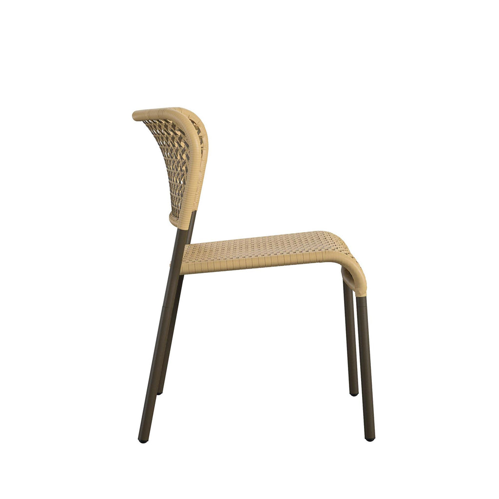 Side view of a sleek, modern chair with a woven rattan seat and backrest. Its dark metal legs add minimalist appeal, embodying a contemporary aesthetic. As part of the Briar 3-Piece Wicker Chat Set, it promises style and easy assembly.