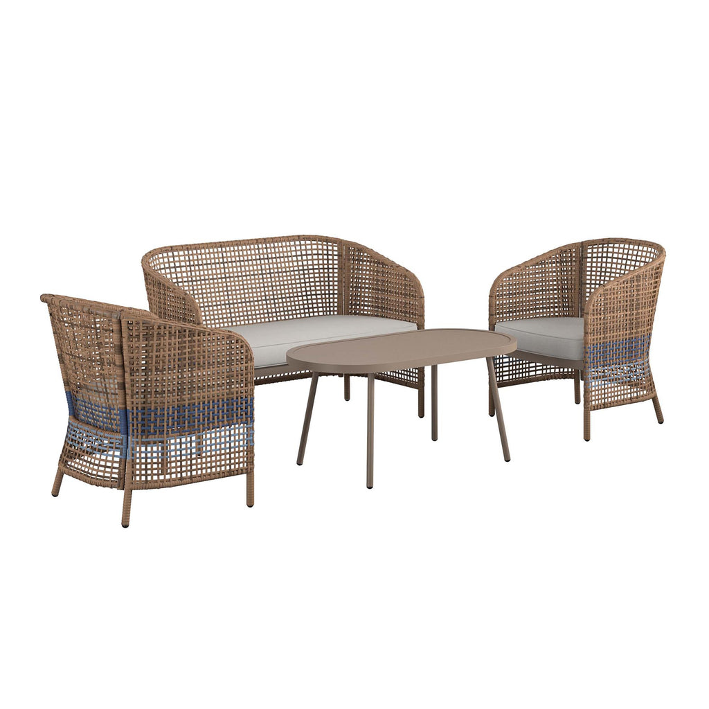 The Ava 4-Piece Wicker Conversation Set includes two French blue wicker armchairs, a loveseat with beige cushions, and a round brown coffee table. The natural light brown wicker design adds stylish elegance to your outdoor furniture collection.